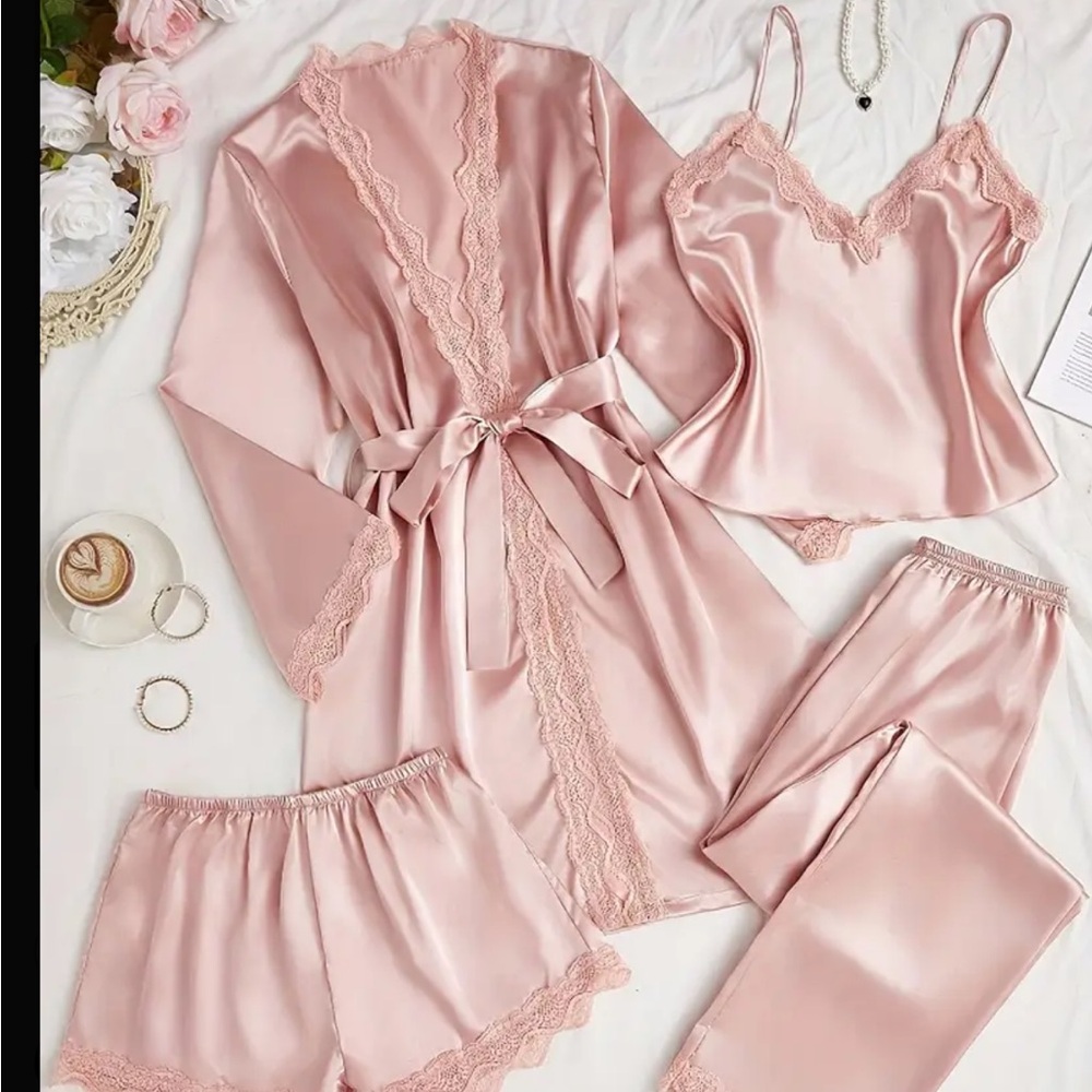 4 piece Elegant Pink Satin Sleepwear Set